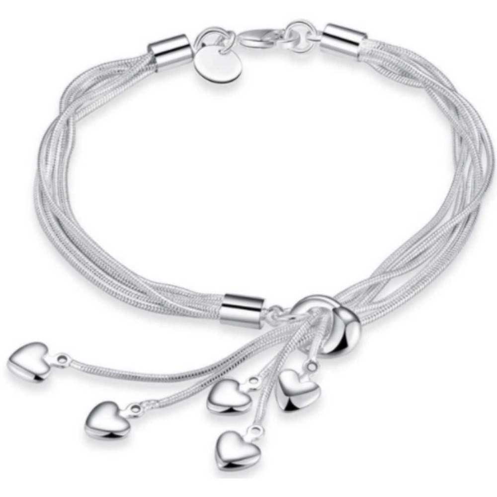 #7 925 Sterling Silver Five-Line Chain Bracelet with Five-Heart Bracelet